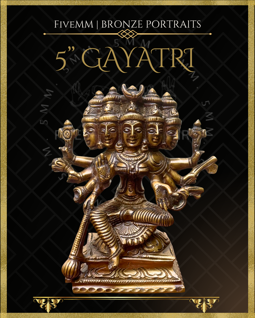 Handcrafted Panchaloha bronze of five-headed, ten-armed Gayatri Devi seated in lalitasana on a padma pitha, holding multiple ayudhas and attributes, following silpa-sastra and traditional iconographic tradition.