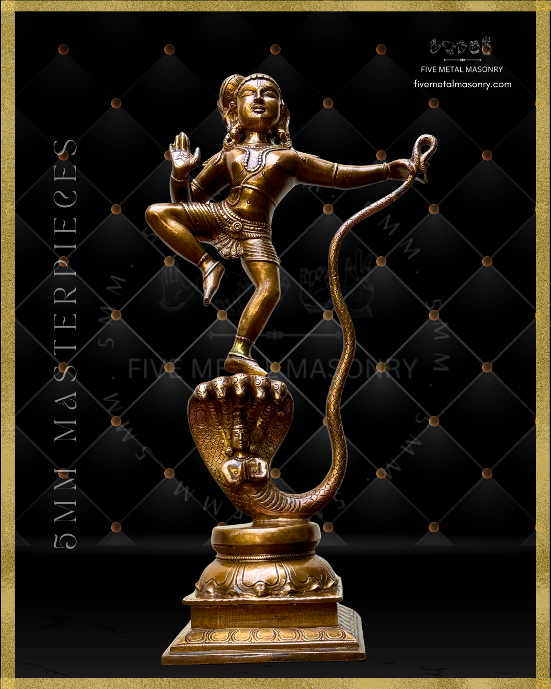 Bottom up projected view of handcrafted Panchaloha bronze of Kaliya Tandava Krishna from our Masterpieces Collection, depicting Krishna dancing on the multi-hooded serpent Kaliya and holding his curving tail, aligned with Silpa Sastra principles and South Indian iconographic tradition.