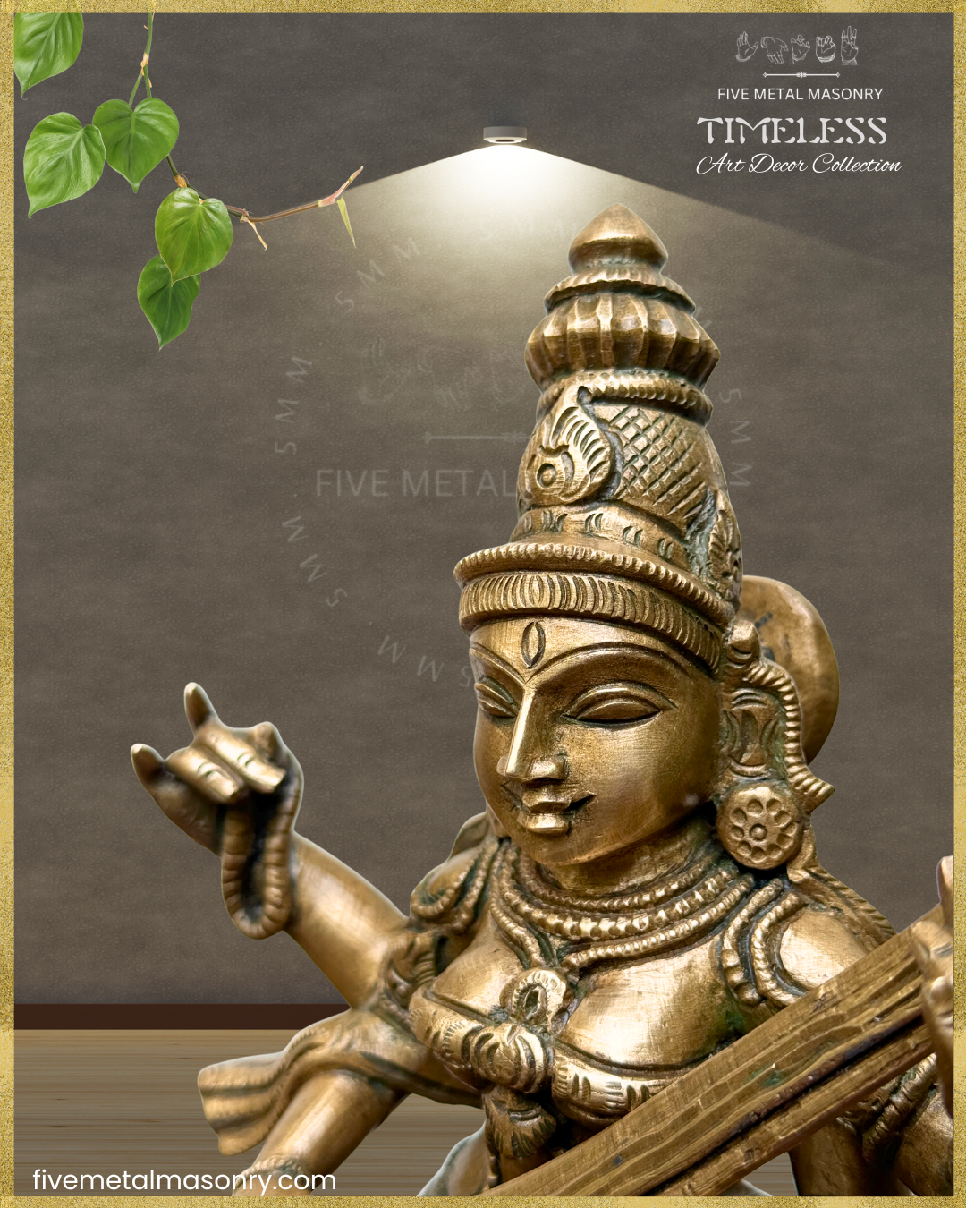 Nartana Saraswati Bronze Panchaloha statue - Timeless Collection – Shilpa Sastra iconography, handcrafted lost wax casting –  Face closeup view