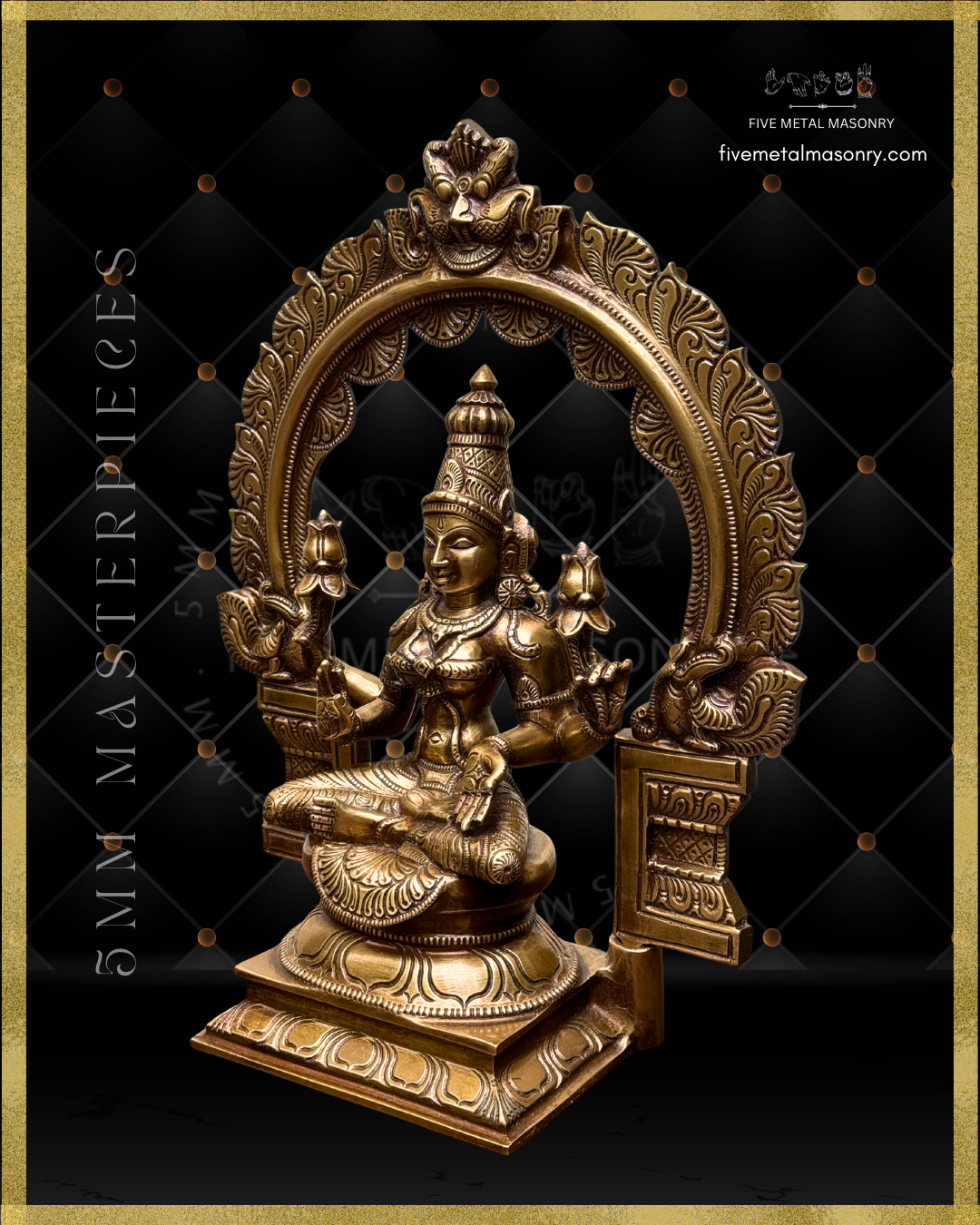 Lakshmi panchaloha bronze statue with intricate detailing and exquisite workmanship on a black background with Five Metal Masonry branding