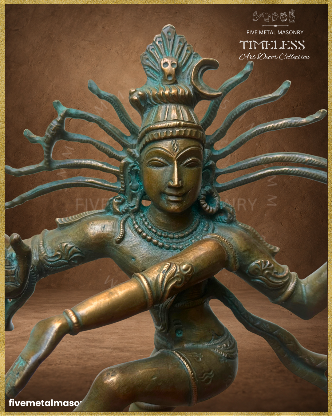 Close-up frontal view of Thiruvalangadu style Nataraja Panchaloha bronze, highlighting the serene face, radiating jatas, crescent moon, serpent ornament, layered neck jewellery and detailed arm ornaments in ananda-tandava.