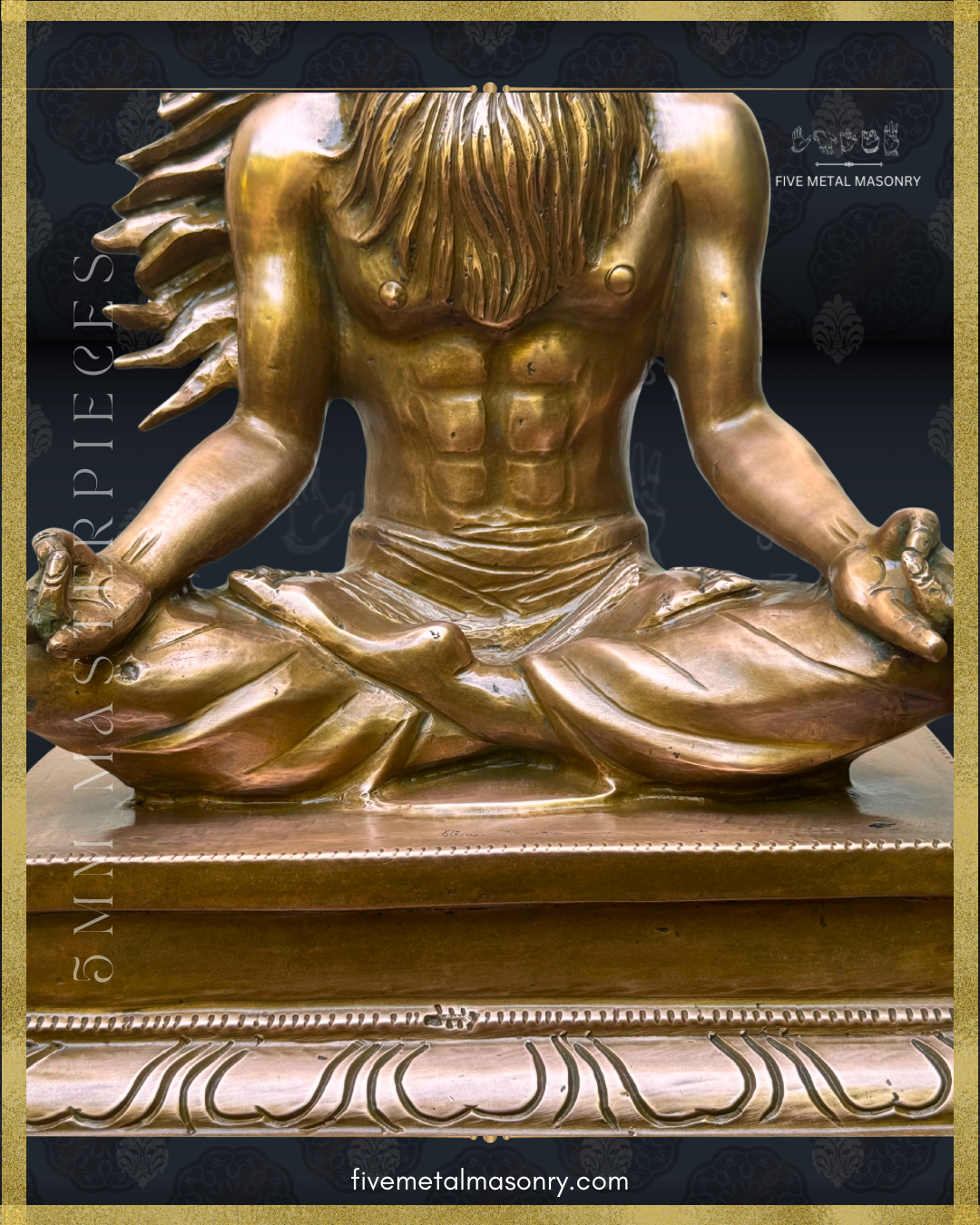 Close-up of handcrafted Thirumoolar Saiva saint in Panchaloha bronze, seated cross-legged in meditation with hands in mudra, from the Masterpieces collection.