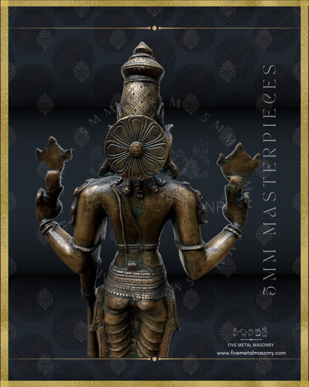 Close-up rear view of handcrafted Vishnu Panchaloha bronze statue, highlighting the elaborate kirita-makuta, prominent siraschakra, cakra and sankha, detailed ornaments and traditional South Indian iconography aligned with silpa-sastra.