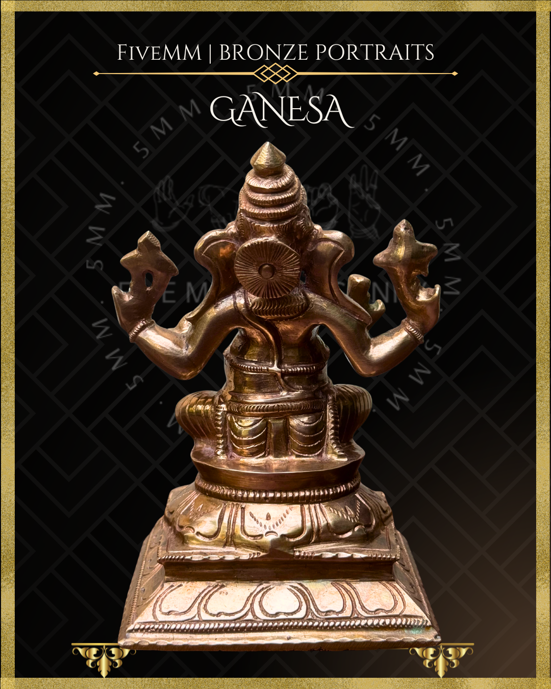 Rear view of handcrafted Panchaloha bronze Ganesha, silpa-sastra aligned and rooted in the South Indian iconographic tradition, showing the tiered crown, sirascakra, ornaments, draped garment and detailed lotus pedestal.