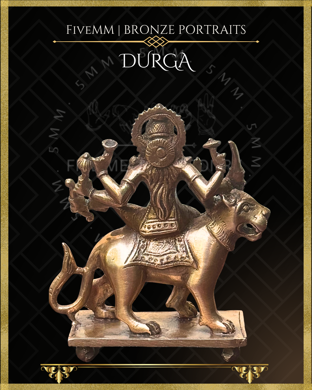 Rear view of handcrafted Durga Panchaloha bronze, showing the flowing hair, siraschakra, eight-armed composition and simha vahana, with detailed traditional iconography crafted in the silpa-sastra tradition.