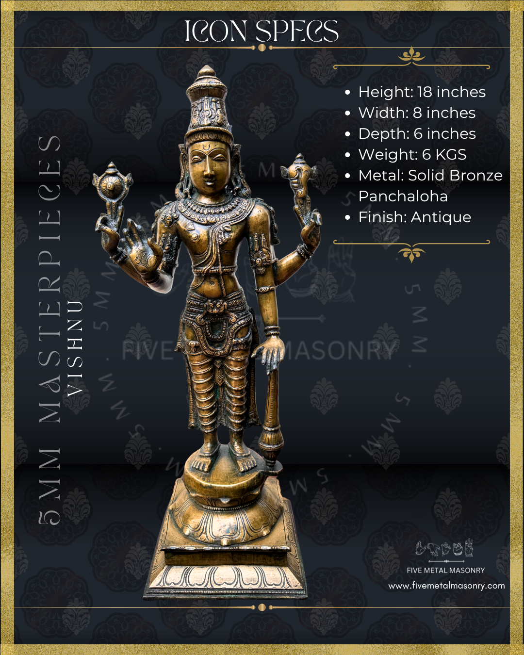 Dimensions of Handcrafted Vishnu Panchaloha bronze statue with four arms holding cakra and sankha, abhaya mudra and gada, crafted with detailed South Indian iconography in the silpa-sastra tradition.