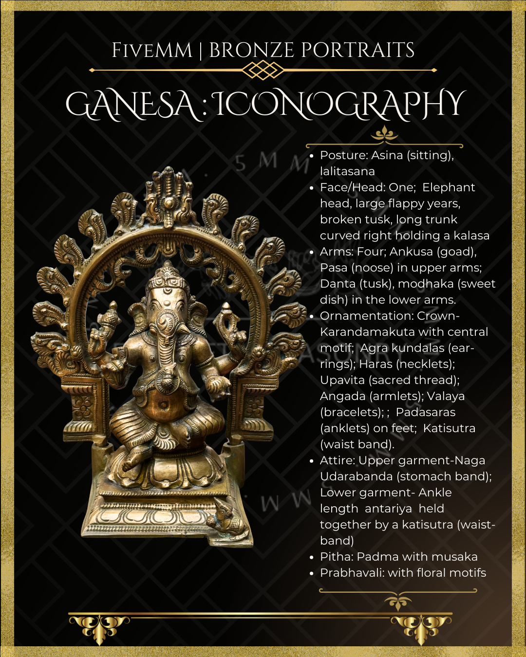 Bronze statue of Ganesha with iconography details on a black background