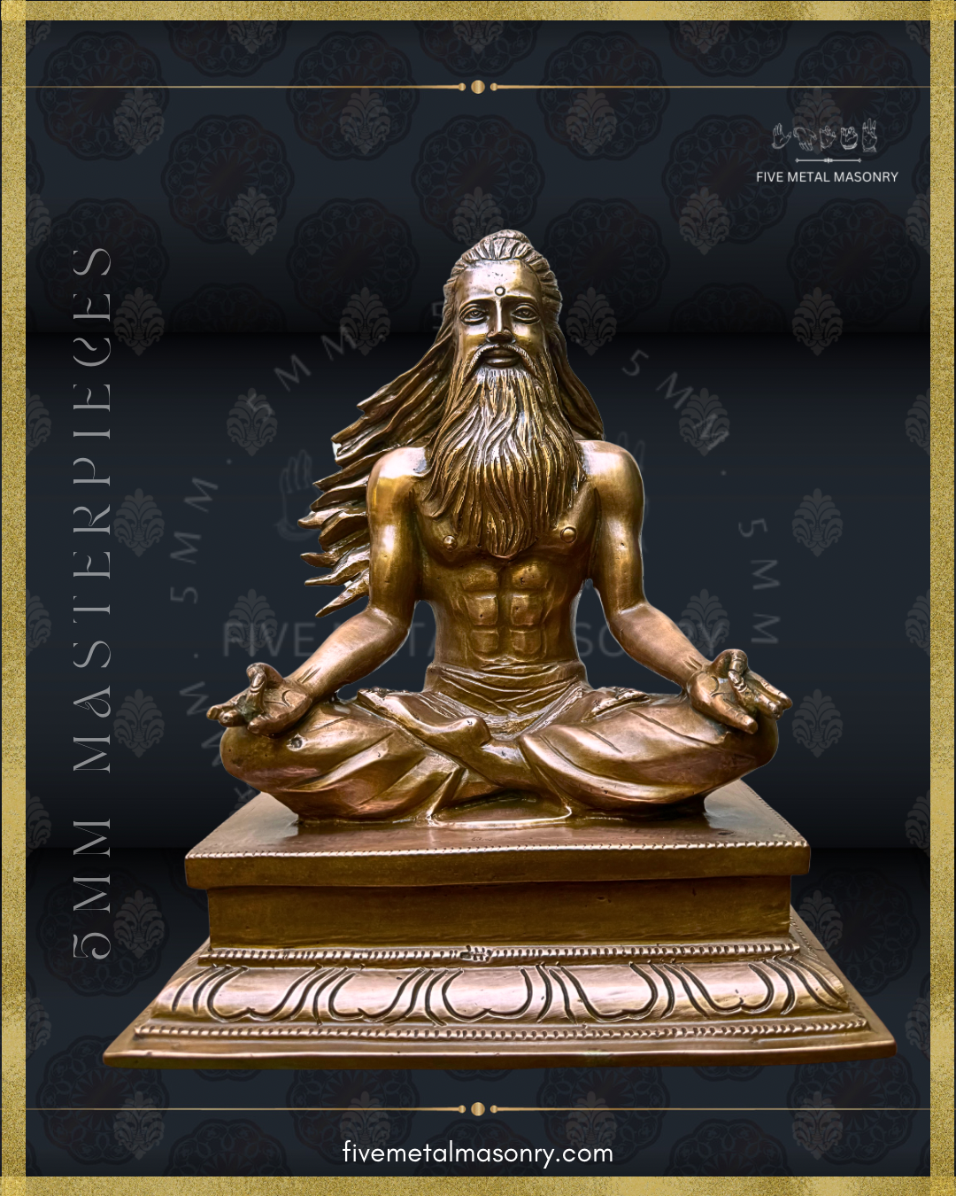 Low angle front view of Handcrafted Thirumoolar Saiva saint in Panchaloha bronze, seated in meditation with flowing jata, long beard and tiered pedestal, from the Masterpieces collection.