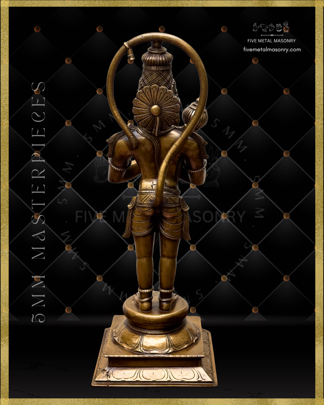 Bronze statue of Hanuman on a black background with gold accents