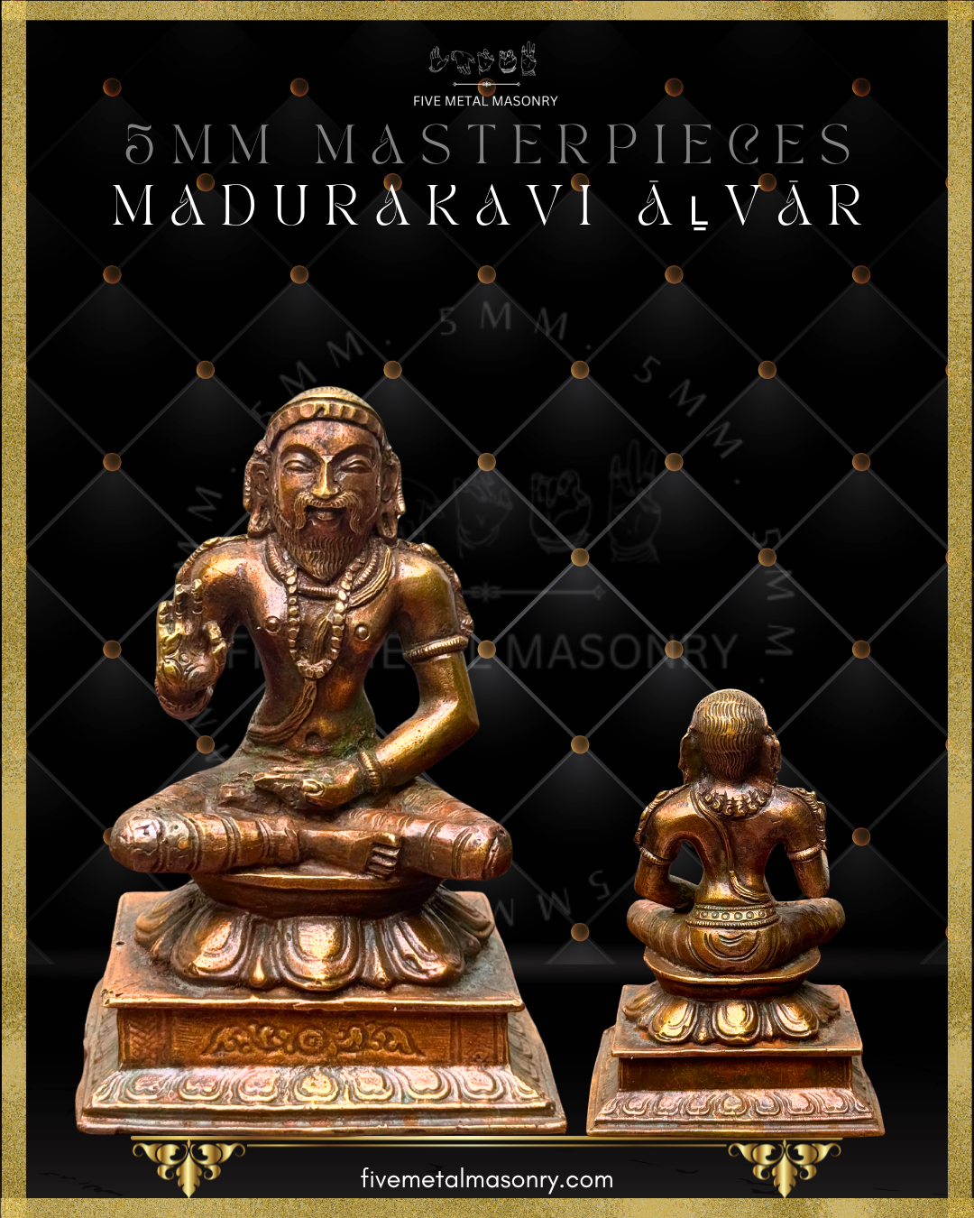 Front and rear view of Maduraikavi Alvar panchaloha bronze icon from the 12 Alvars Masterpieces collection, showing devotional posture, ornamentation, and pedestal detailing.