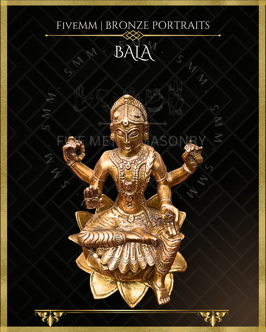 Top angle view of handcrafted Panchaloha bronze of four-armed Balambika or Bala tripurasundari seated in lalitasana on a full-blown lotus pitha, holding akshamala and pustaka with abhaya and varada hastas, following silpa-sastra and traditional iconography.