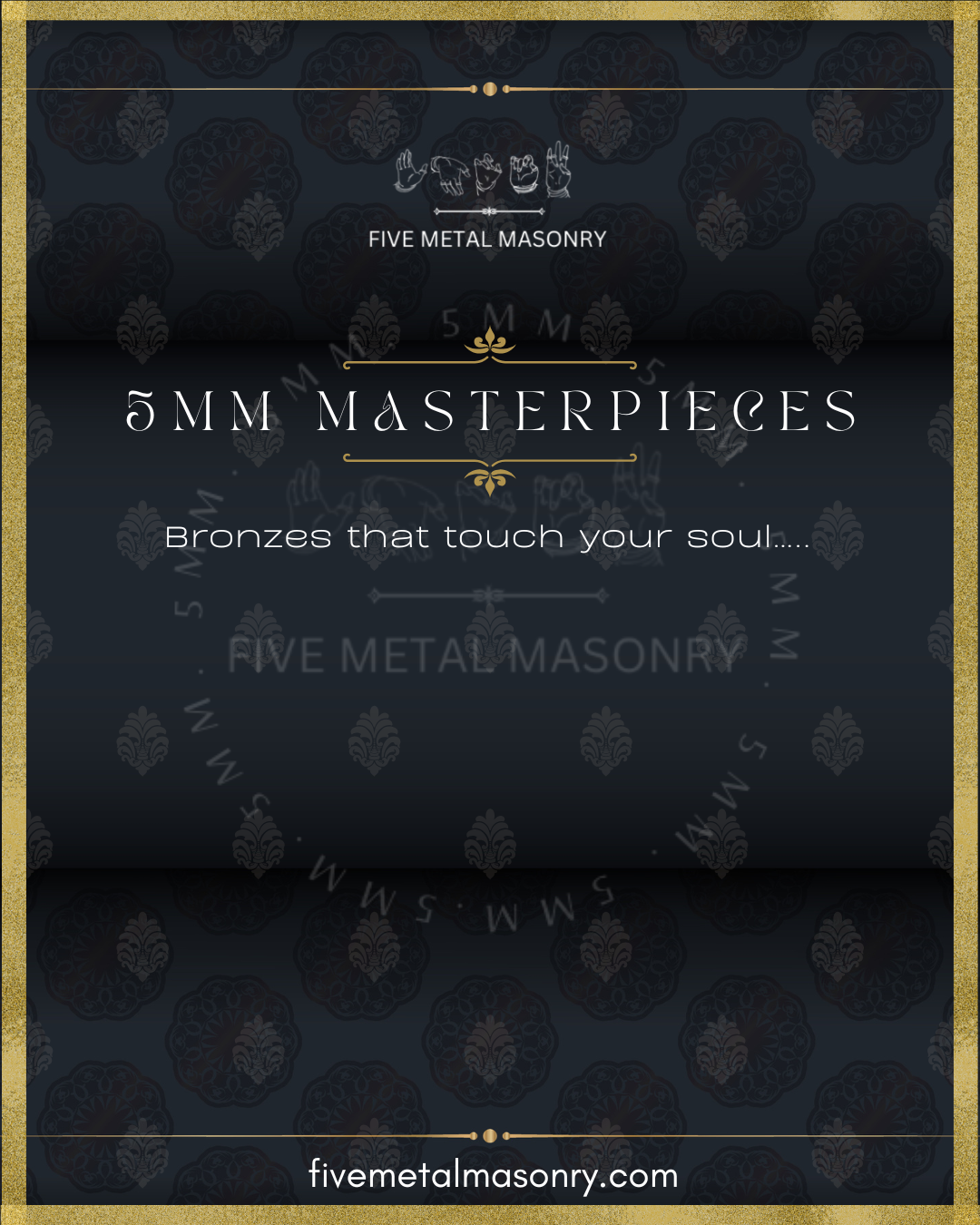 Promotional poster for Five Metal Masonry featuring '5MM Masterpieces' on a dark background with gold accents.