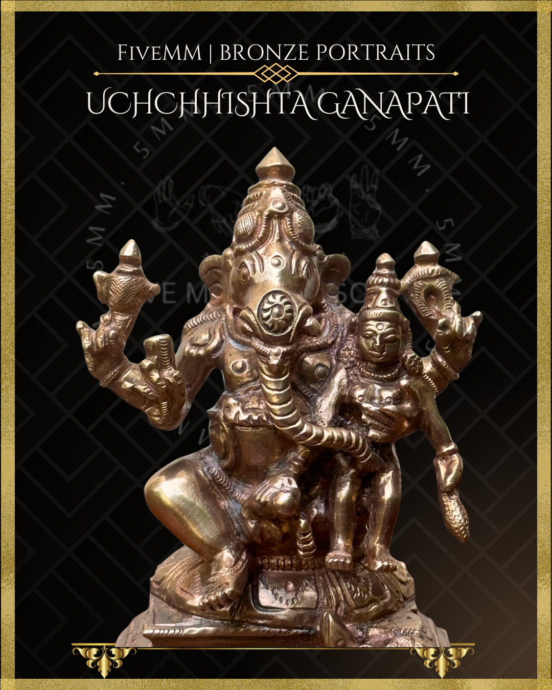Close up front  view of Handcrafted Panchaloha bronze Uchchhishta Ganapati, silpa-sastra aligned and rooted in the South Indian iconographic tradition, depicted seated with Devi on his lap, multiple arms bearing attributes, detailed ornaments