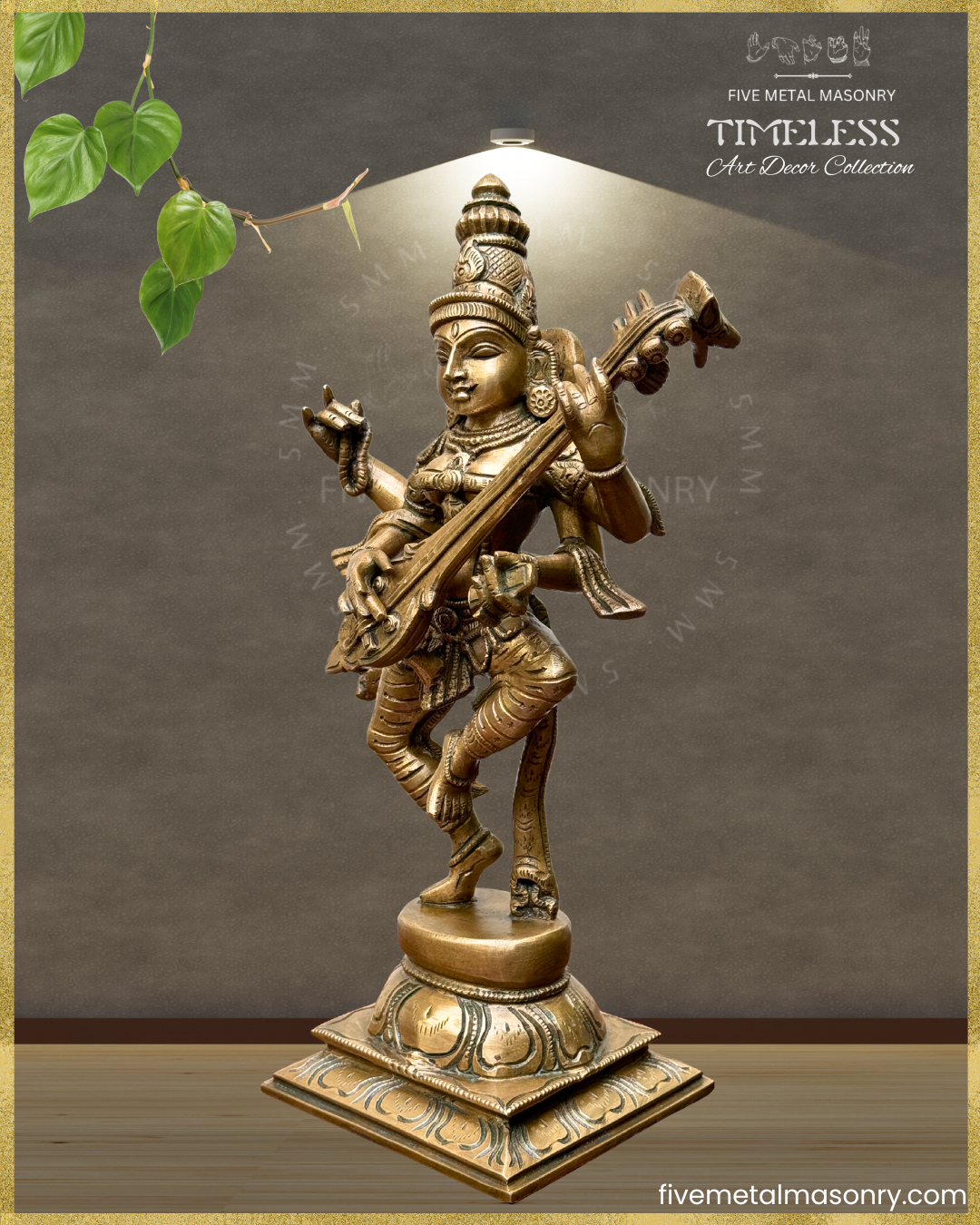 Nartana Saraswati Bronze Panchaloha statue - Timeless Collection – Shilpa Sastra iconography, handcrafted lost wax casting – Left profile view