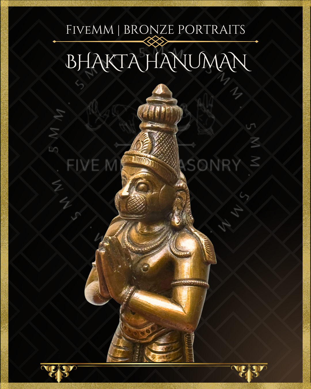 Close-up three-quarter view of handcrafted Bhakta Hanuman Panchaloha bronze statue in anjali hasta, showing the simian facial features, tall head ornament and traditional South Indian silpa-sastra iconographic detailing.