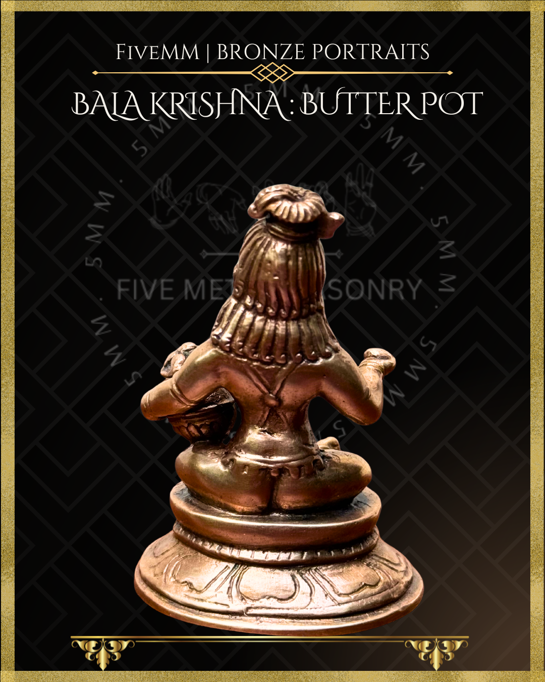 Rear view of Handcrafted Panchaloha bronze of Bala Krishna seated on a lotus pedestal, holding a ball of butter and a decorated butter pot, crafted according to traditional Shilpasastra iconography.