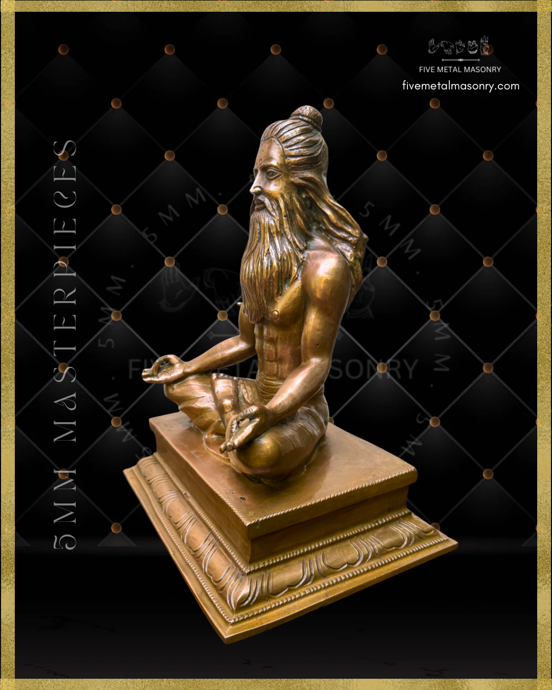 Side angle view of Handcrafted Thirumoolar Saiva saint in Panchaloha bronze, seated in meditation with flowing jata, long beard and tiered pedestal, from the Masterpieces collection.