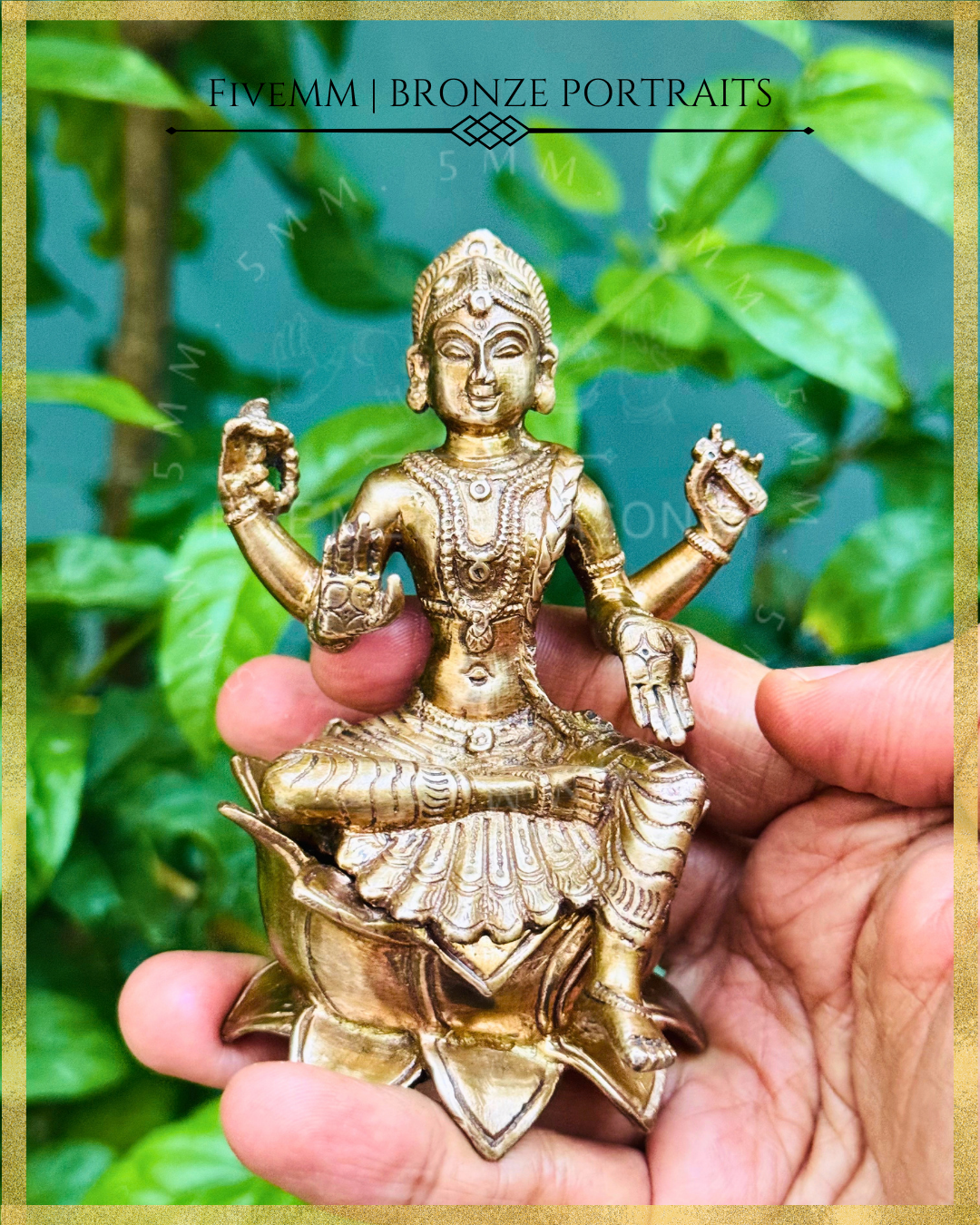 Hand-held view of handcrafted Panchaloha bronze of four-armed Balambika or Bala tripurasundari seated in lalitasana on a full-blown lotus pitha, holding akshamala and pustaka with abhaya and varada hastas, following silpa-sastra and traditional iconography.