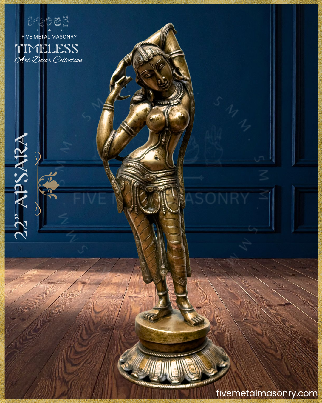 Panchaloha bronze Apsara icon from the Timeless collection in a graceful tribhanga stance, with raised arms, detailed jewellery, patterned drapery, lotus pedestal and refined sculptural detailing rooted in South Indian iconographic tradition.