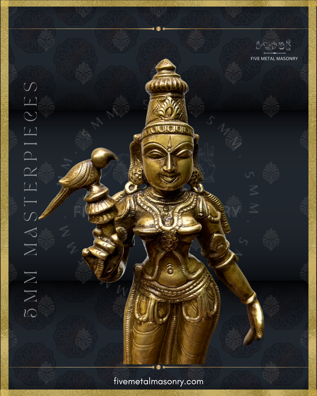 Panchaloha Bronze statue of meenakshi with a bird on a dark background with 'Five Metal Masonry' branding.