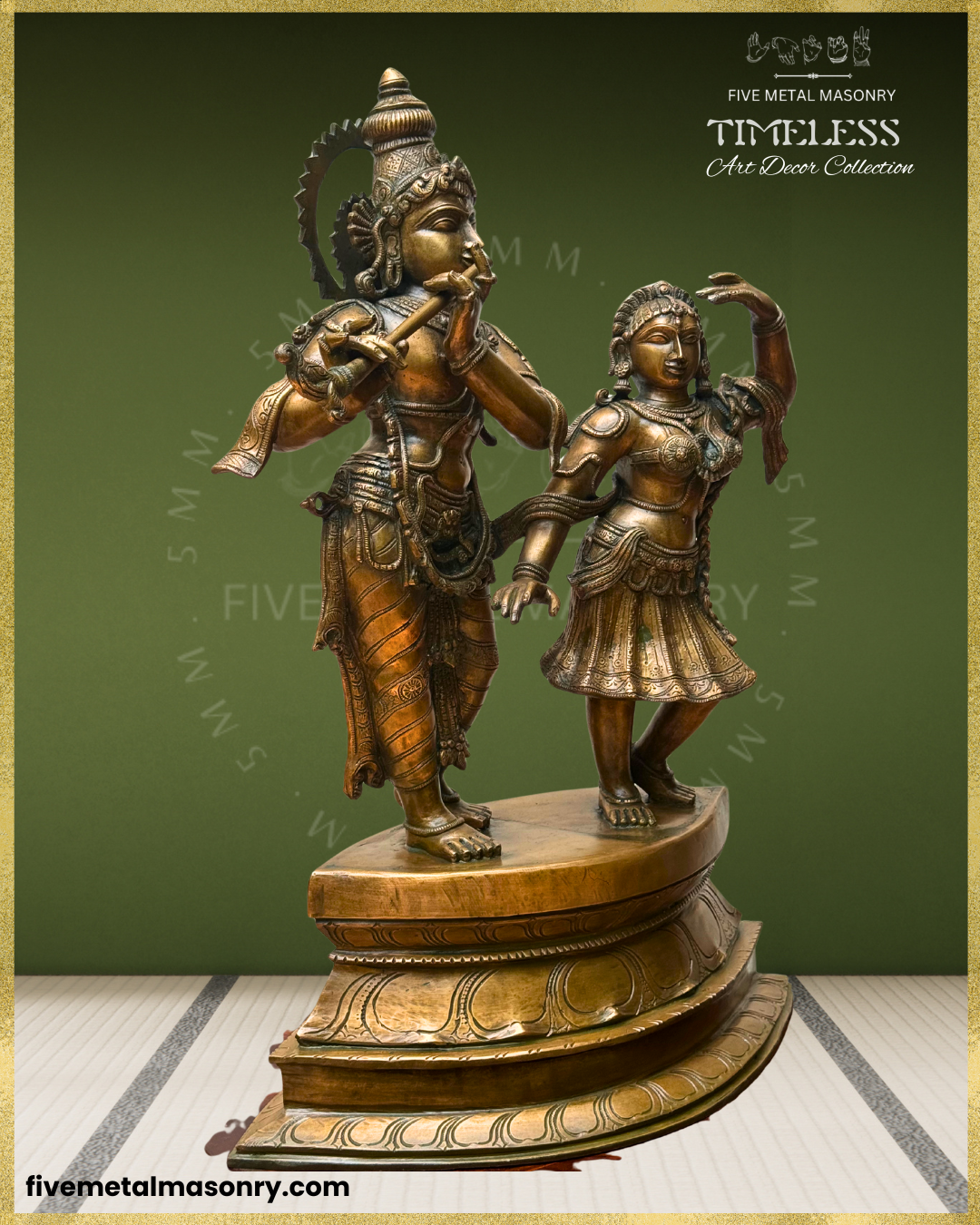 Handcrafted Panchaloha bronze Radha Krishna sculpture from the Timeless Collection, side view depicting Krishna as Venugopala playing the flute alongside Radha in a complementary standing pose, with detailed ornaments, drapery and lotus pedestal.