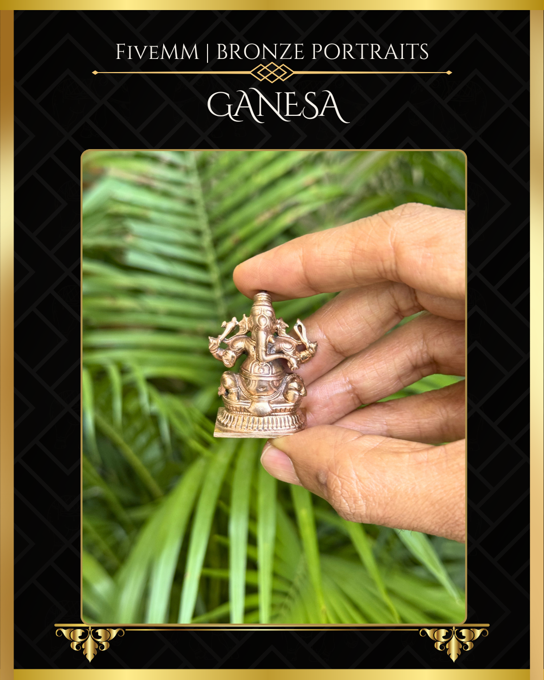 Handheld view of panchaloha bronze seated Ganesha icon, four armed and holding goad, noose, broken tusk and modaka, featuring elongated trunk, karanda makuta and stylised pedestal in South Indian iconographic tradition.