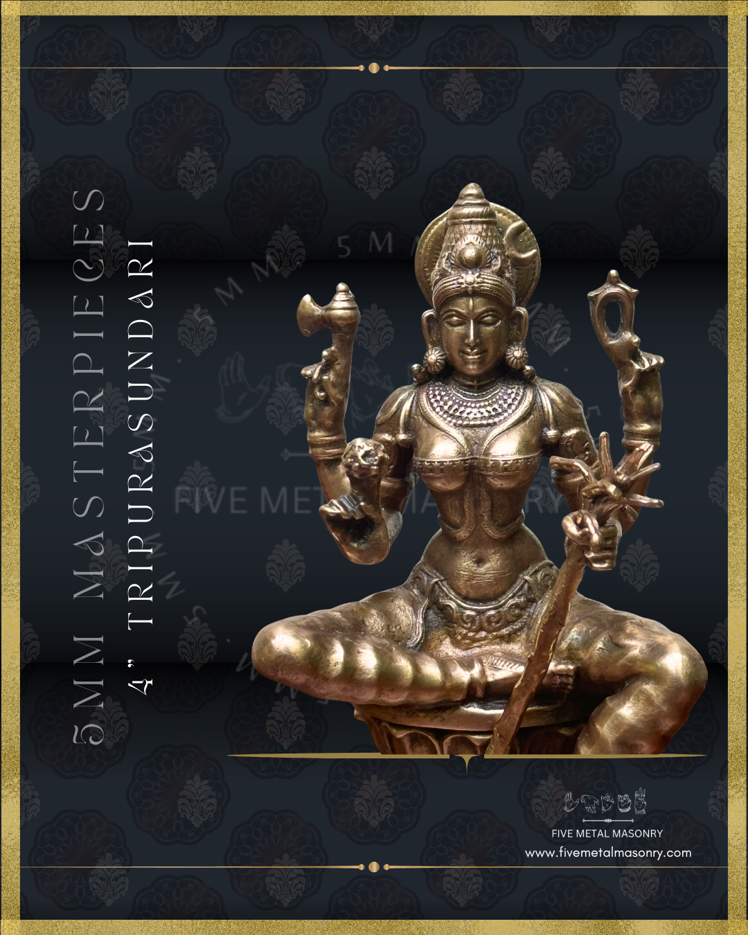 Closeup view of panchaloha bronze seated Lalitha Tripurasundari icon from the Masterpieces collection, four armed, holding sugarcane bow, flower arrows, noose and goad, featuring kirita makuta, crescent moon, siraschakra, layered ornamentation in South Indian iconographic style