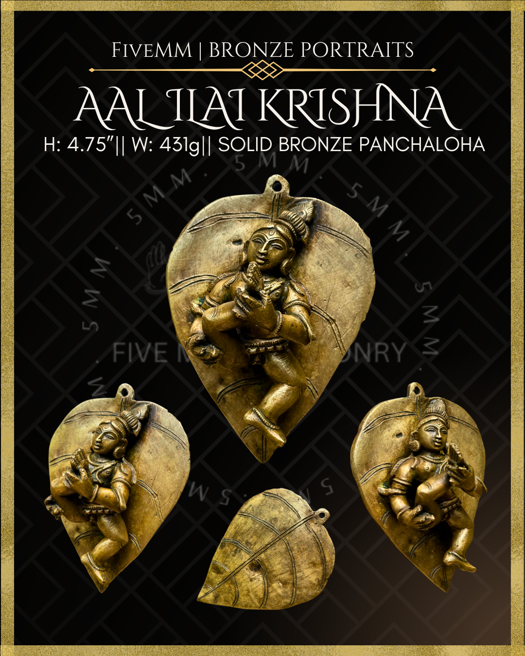 Baby Krishna on Leaf Panchaloha Bronze statue – Shilpa Sastra iconography, handcrafted lost wax casting – All angles view