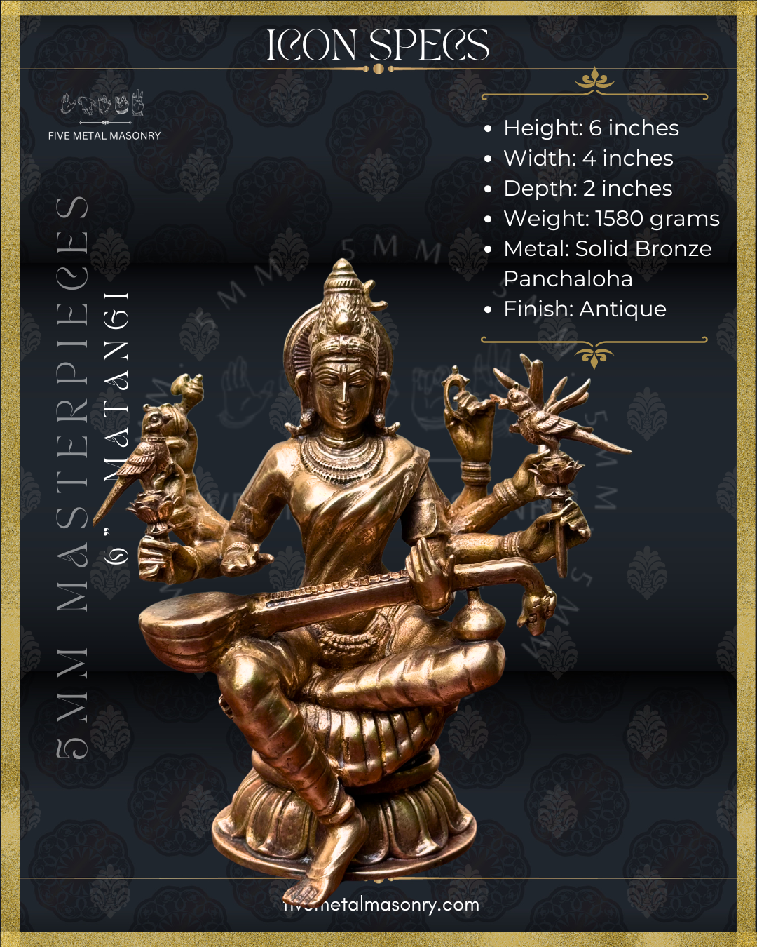 Product dimensions of Handcrafted Panchaloha Matangi bronze icon from the Five Metal Masonry Masterpieces Collection, seated with veena and depicted with multiple arms bearing her characteristic attributes, crafted according to traditional Shilpasastra iconography.