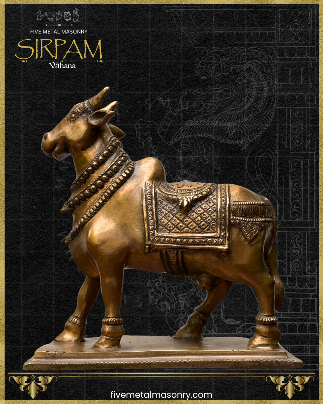 Full left profile view of a handcrafted panchaloha bronze Vrsabha (Nandi) statue from the Sirpam Collection, showcasing its elegant proportions, expressive head, layered neck ornaments, intricately decorated ceremonial saddle cloth, sturdy legs with anklets, and rectangular pedestal in the South Indian sculptural tradition.