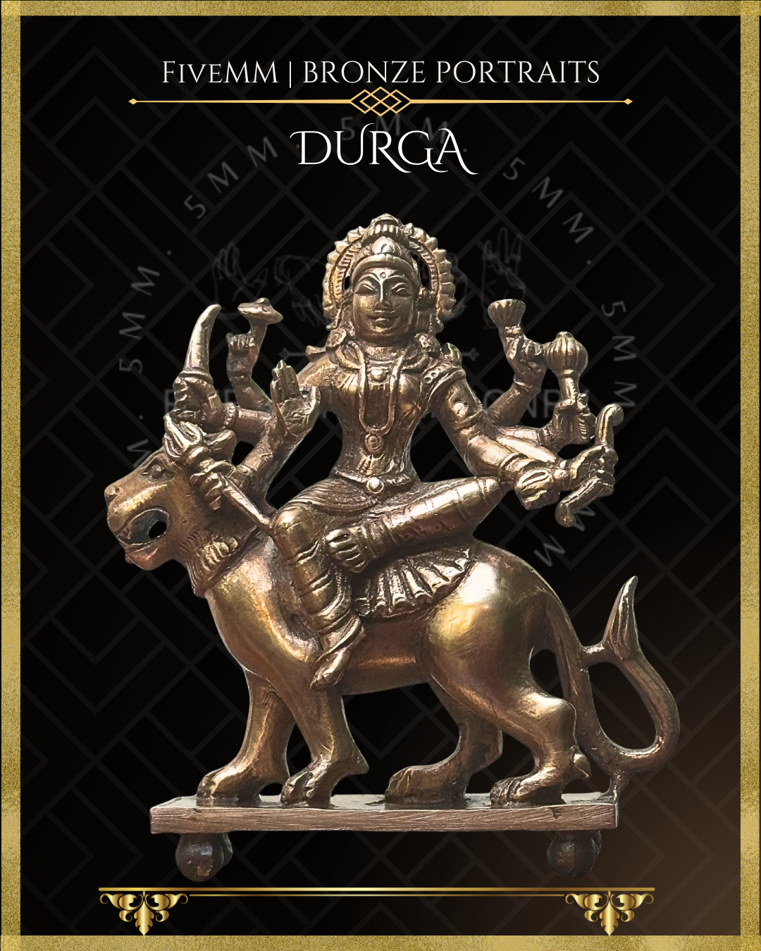 Low angle front view of Handcrafted Durga Panchaloha bronze seated in lalitasana on her simha vahana, eight-armed with cakra, khadga, sula, padma, gada, dhanus and sankha, with abhaya mudra, crafted in the South Indian silpa-sastra and traditional iconographic tradition.