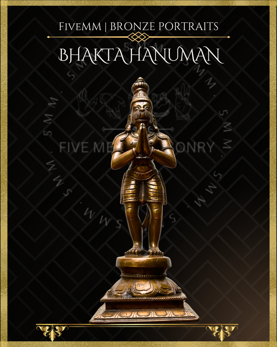Low angle front view of Handcrafted Bhakta Hanuman Panchaloha bronze statue in anjali hasta with slightly bent knees, detailed in traditional South Indian silpa-sastra iconography.