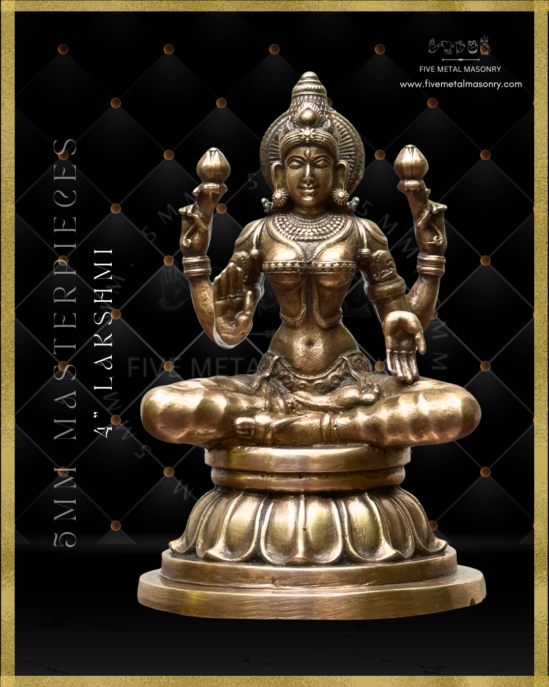Projection view of panchaloha bronze seated Lakshmi icon from the Masterpieces collection in padmasana posture, holding lotus buds in the upper hands with lower hands in abhaya and varada hastas, featuring kirita makuta, siraschakra, layered ornamentation and lotus pedestal in South Indian bronze style. 