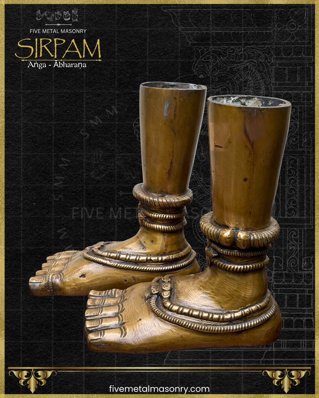 Decorative bronze feet with intricate designs on a black background, featuring the brand 'Five Metal Masonry'.