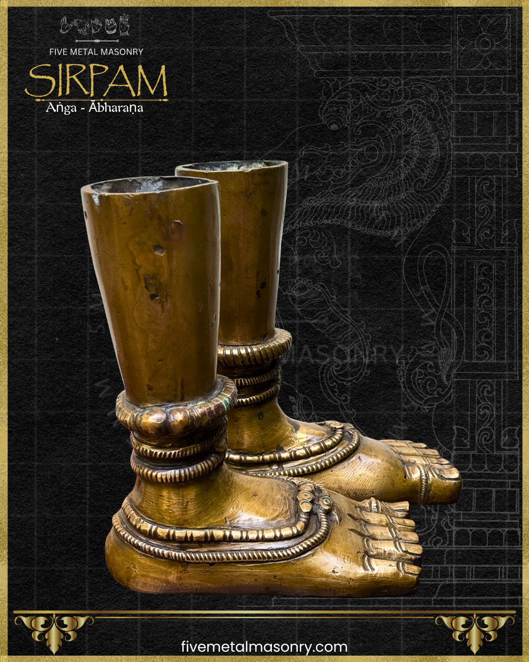 Bronze feet sculpture with intricate designs on a black background, featuring the brand 'Five Metal Masonry'.