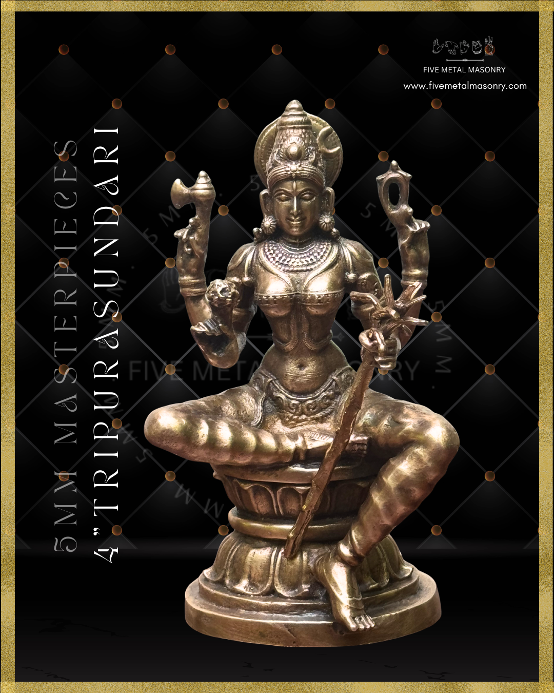 Panchaloha bronze seated Lalitha Tripurasundari icon from the Masterpieces collection, four armed, holding sugarcane bow, flower arrows, noose and goad, featuring kirita makuta, siraschakra, layered ornamentation and lotus pedestal in South Indian iconographic style.