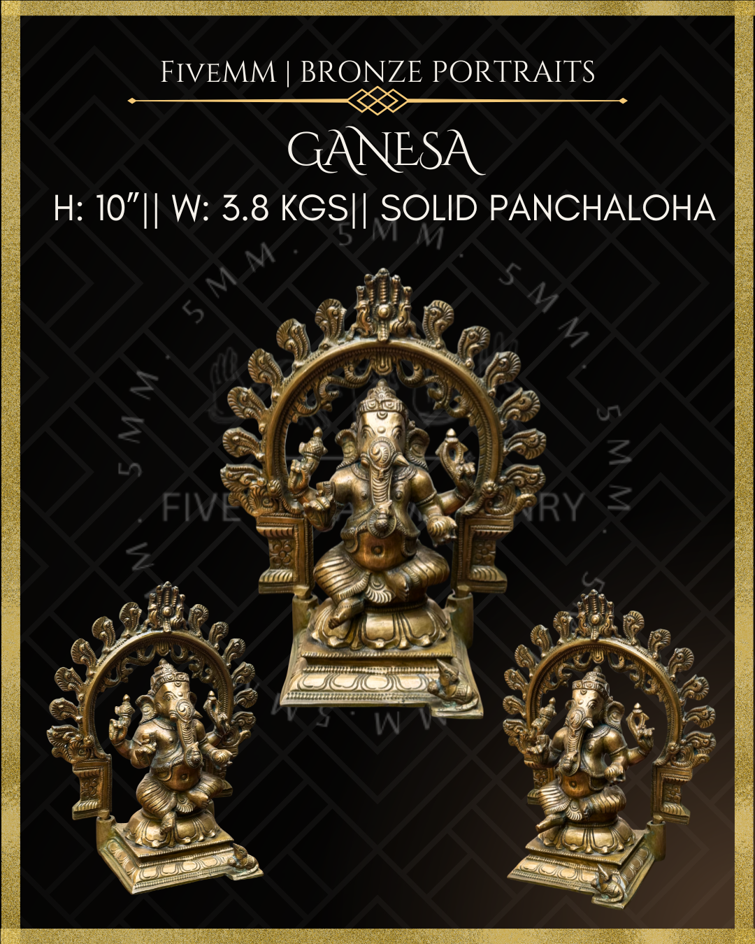 Bronze statue of Ganesha with decorative arch on a black background, with product details