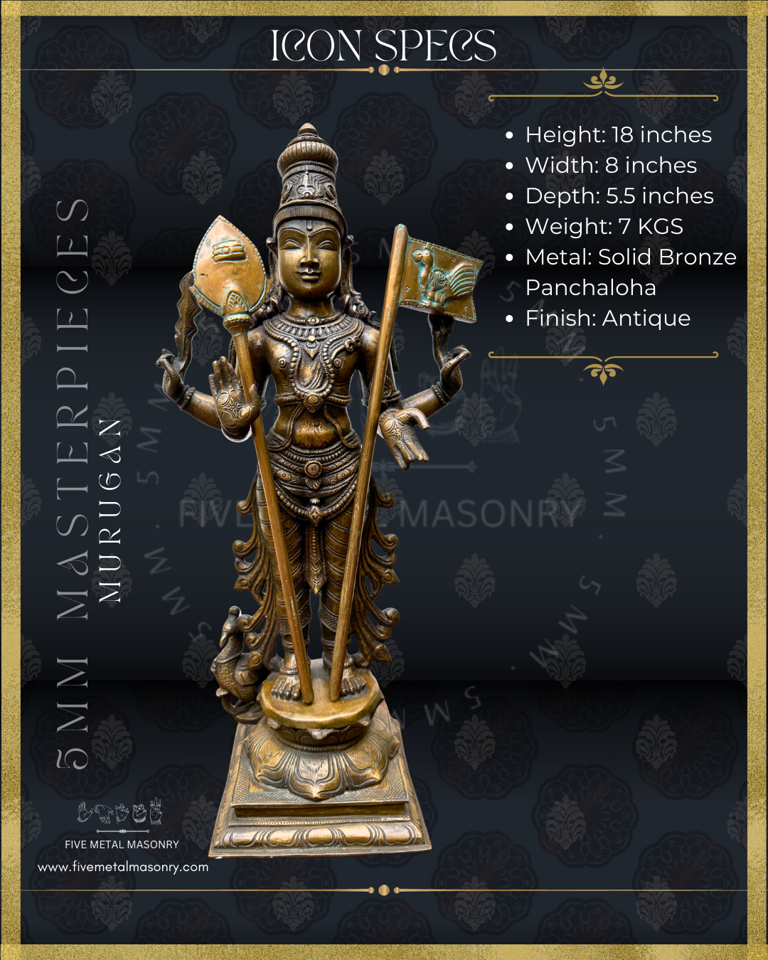 Murugan Panchaloha Bronze statue -  Masterpieces Collection - Iconography per Shilpa Sastra, handcrafted lost wax casting- product details