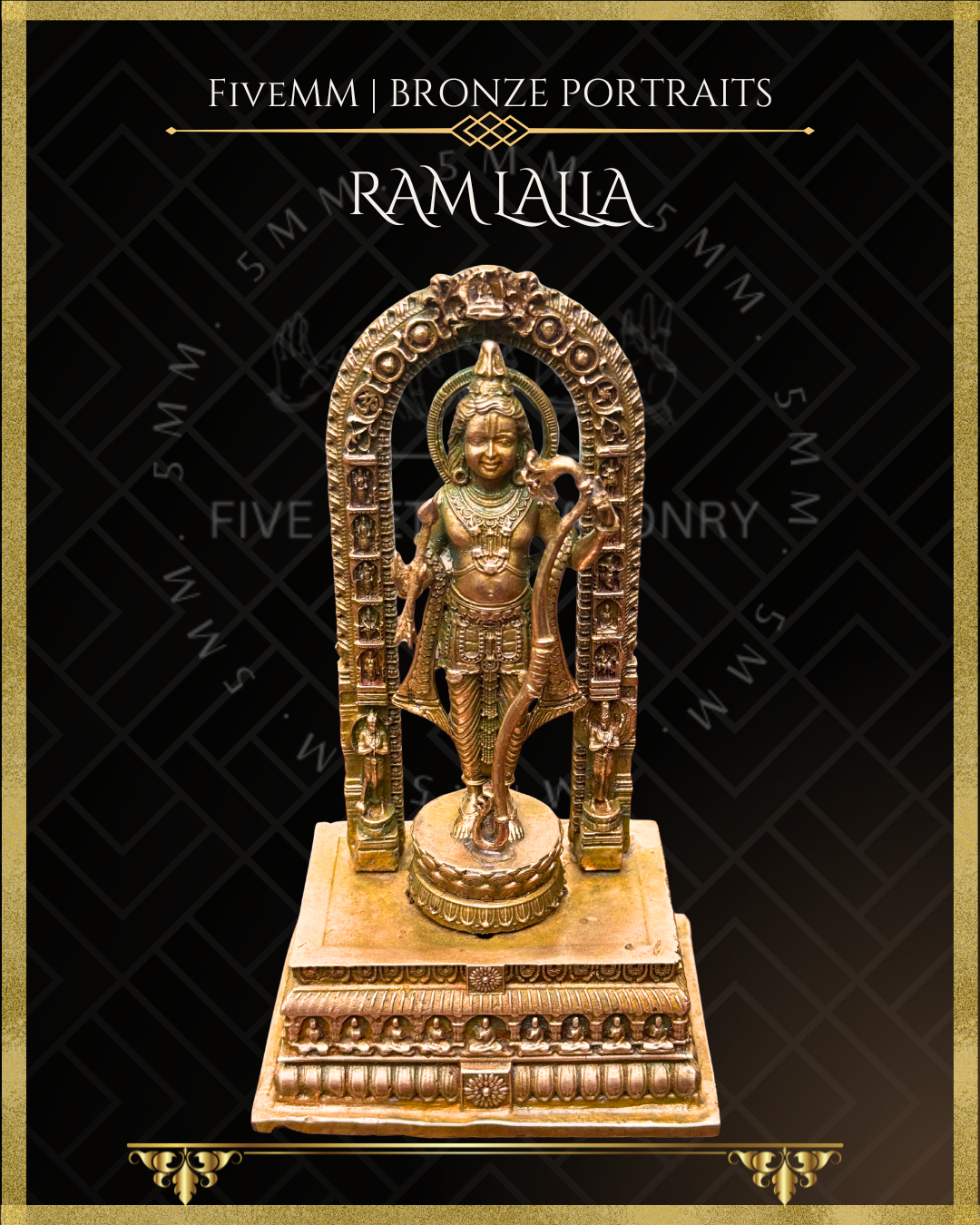 Top angle view of handcrafted Panchaloha bronze icon of Ram lalla of Ayodhya standing beneath an ornate prabhavali, holding a bow and arrow, adorned with a knotted jata, intricate jewellery, lotus pedestal, and richly detailed adhisthana in the classical Indian iconographic style.