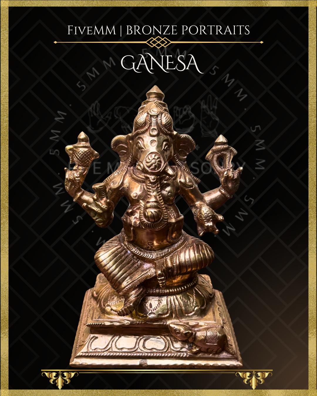 Top angle view of handcrafted Panchaloha bronze Ganesha, silpa-sastra aligned and rooted in the South Indian iconographic tradition, four-armed and seated in lalitasana, holding ankusa, pasa, danta and modaka, with musika at the pedestal.