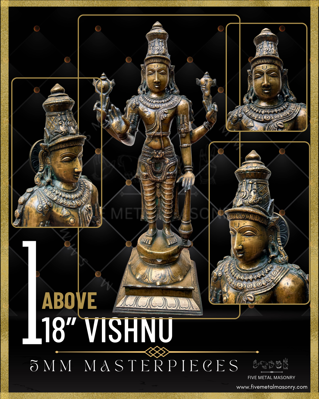 Handcrafted Vishnu Panchaloha bronze statue with four arms holding cakra and sankha, abhaya mudra and gada, crafted with detailed South Indian iconography in the silpa-sastra tradition.