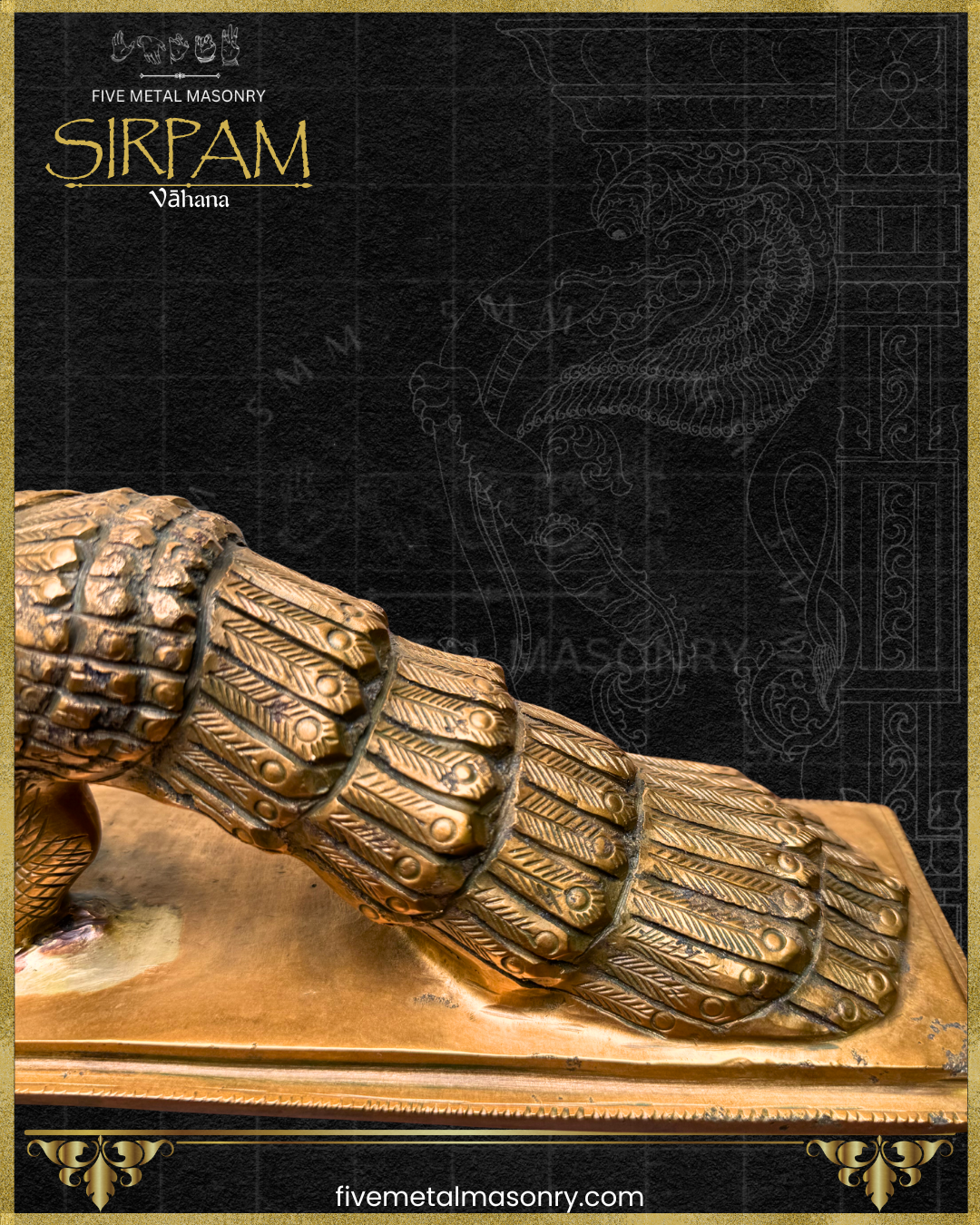 Close-up of the layered tail feathers of a handcrafted Mayura Peacock panchaloha bronze icon from the Sirpam Collection, showcasing intricate feather carvings and traditional South Indian bronze craftsmanship.