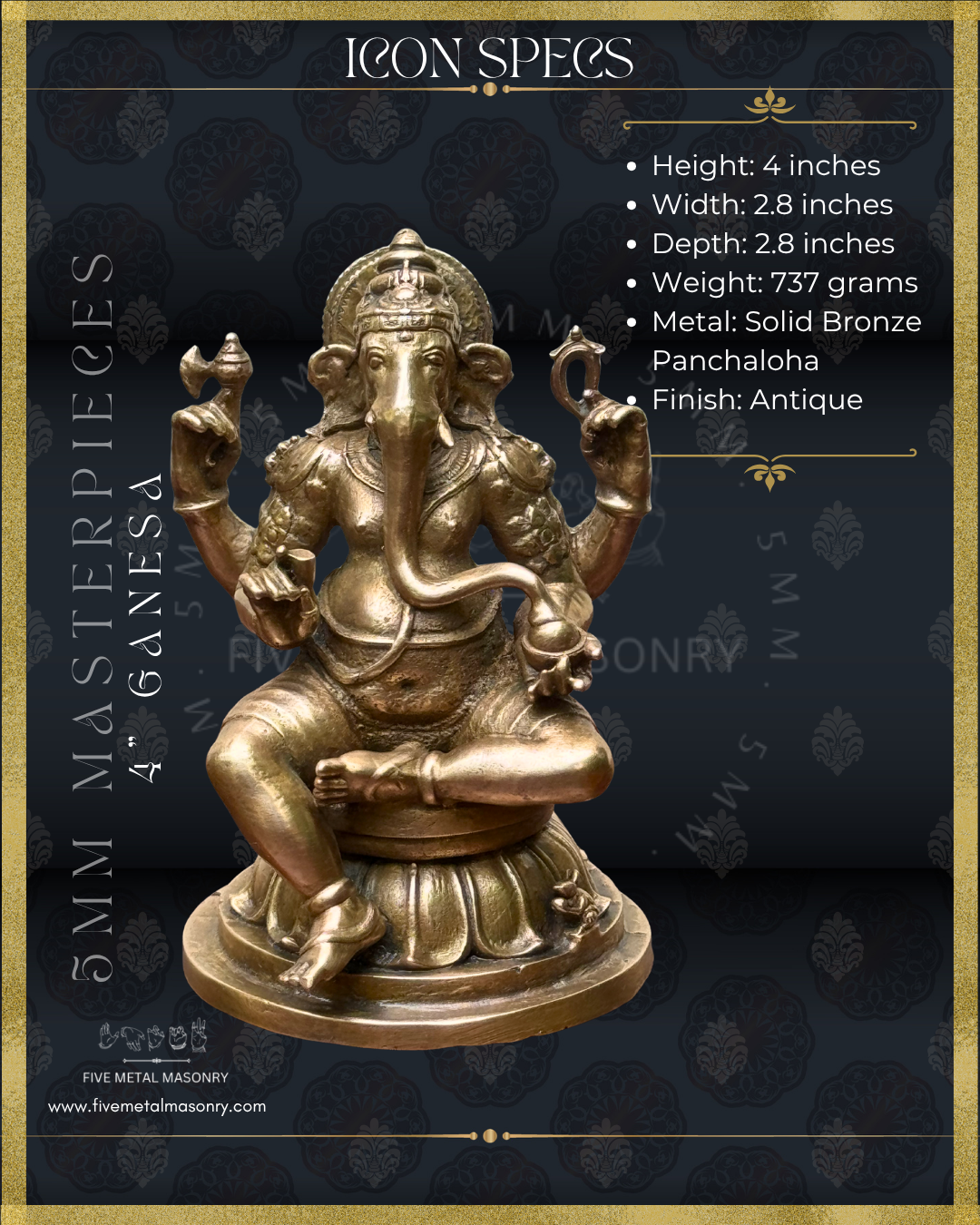 Product specification of panchaloha bronze seated Ganesha icon from the Masterpieces collection with four-armed form holding goad, noose, broken tusk and modaka, featuring elongated trunk, karanda makuta, lotus pedestal and mouse vahana in South Indian bronze style.