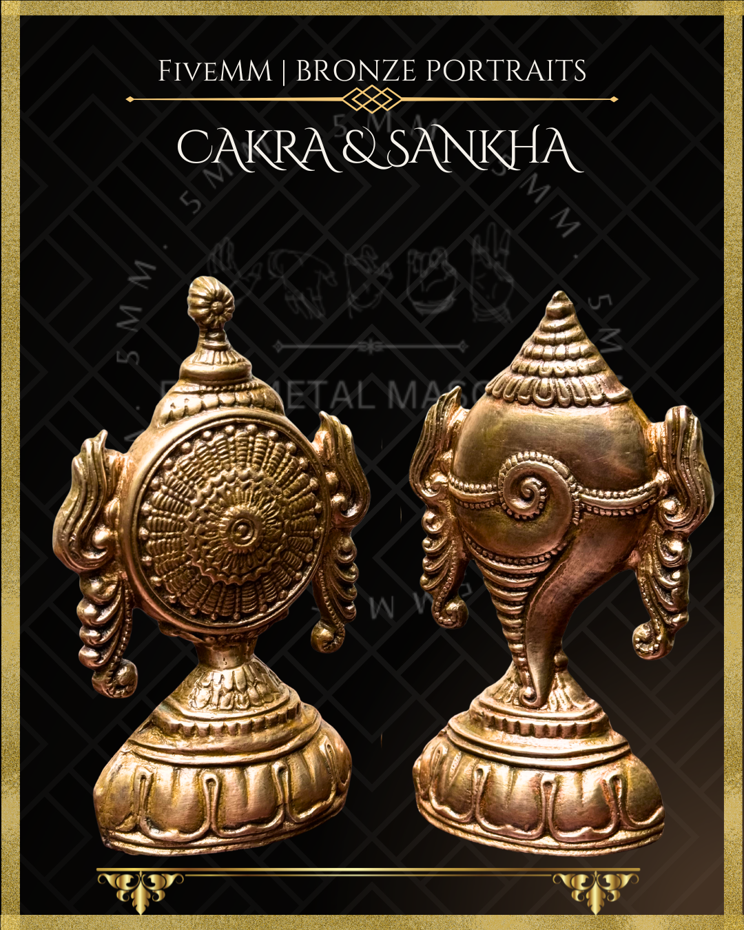 Bronze Panchaloha 3D relief sculptures of Chakra and Sankha with FiveMM branding.