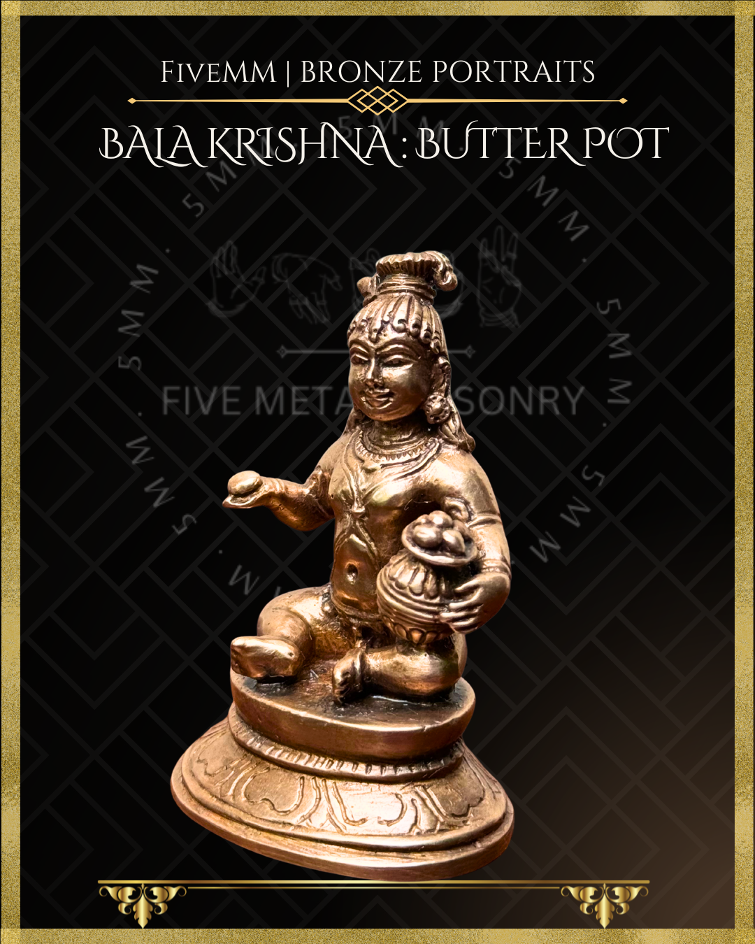 Right profile view of Handcrafted Panchaloha bronze of Bala Krishna seated on a lotus pedestal, holding a ball of butter and a decorated butter pot, crafted according to traditional Shilpasastra iconography.