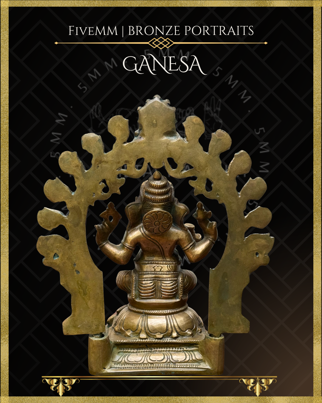 Bronze statue of Ganesha with decorative arch, Fivemm branding visible