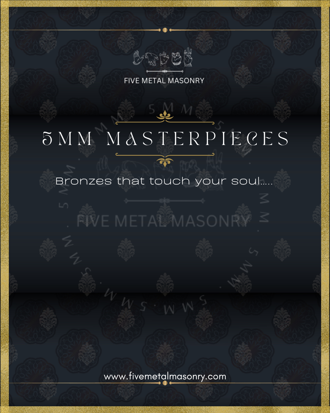 Promotional poster for Five Metal Masonry featuring '5MM Masterpieces' on a dark background with gold accents.