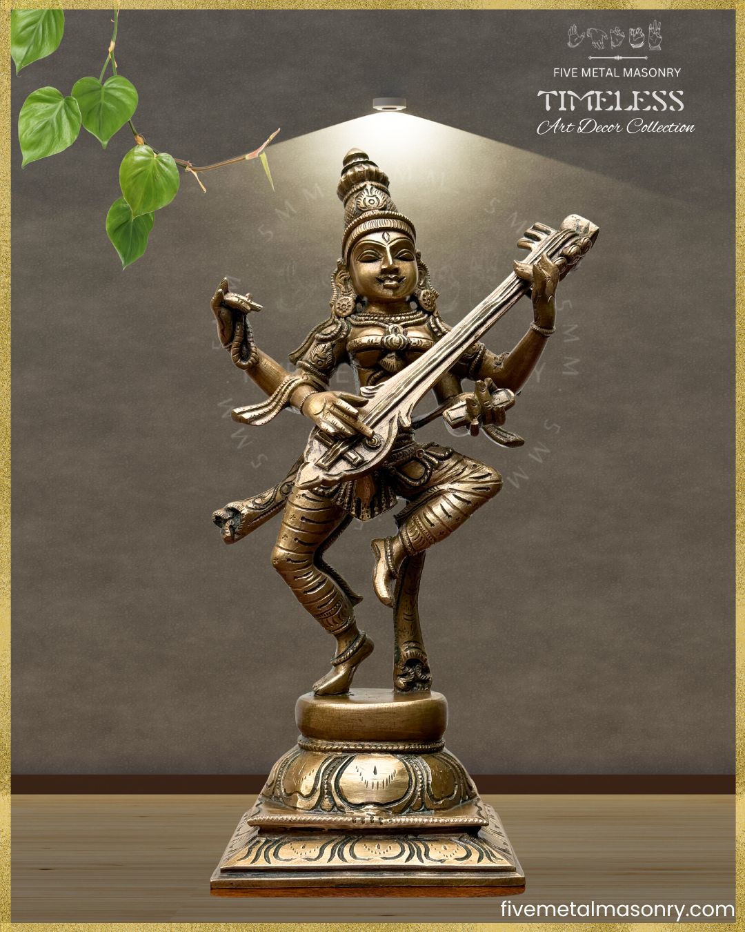 Nartana Saraswati Bronze Panchaloha statue - Timeless Collection – Shilpa Sastra iconography, handcrafted lost wax casting – Projected view