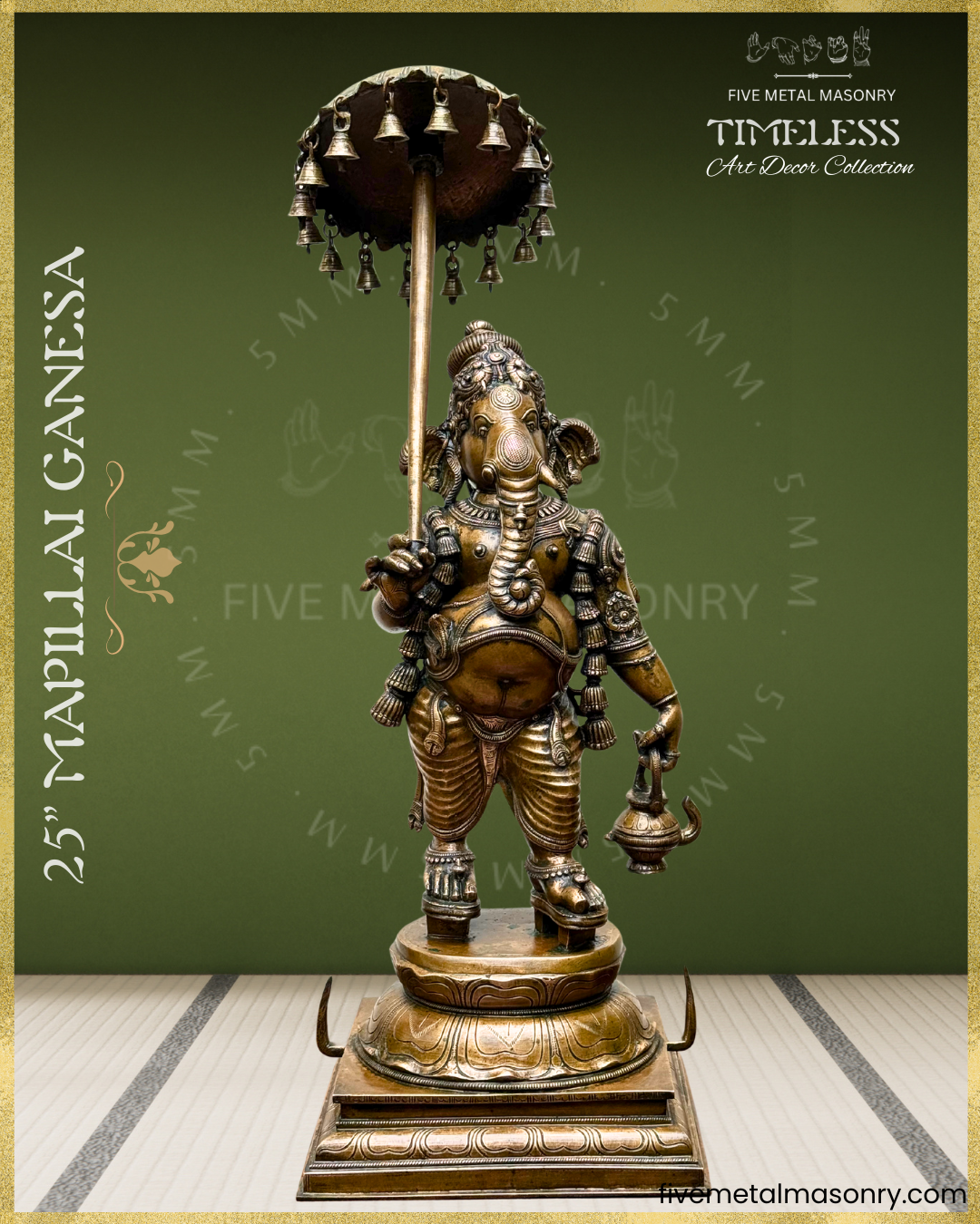 Antique finish Panchaloha bronze Ganesa with ceremonial umbrella and kamandalu, standing in graceful yanaka posture, adorned with layered ornaments, karanda makuta and detailed South Indian sculptural craftsmanship from the Timeless collection.