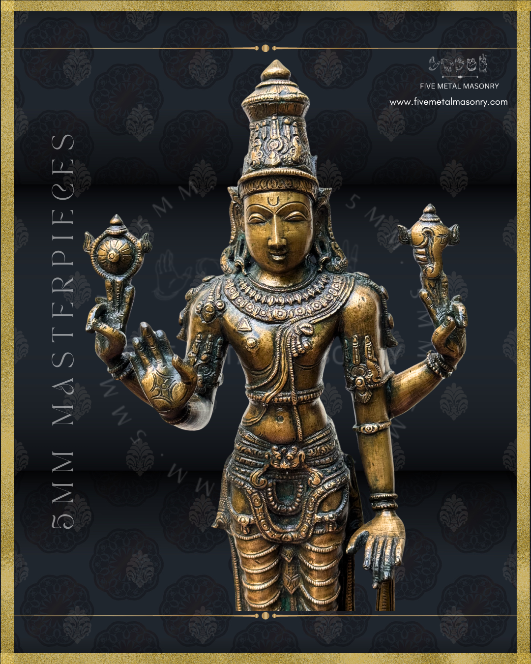 Close-up front view of handcrafted Vishnu Panchaloha bronze statue, highlighting the serene face, elaborate kirita-makuta, cakra and sankha, abhaya mudra, gada, detailed ornaments and South Indian iconography crafted in the silpa-sastra tradition.